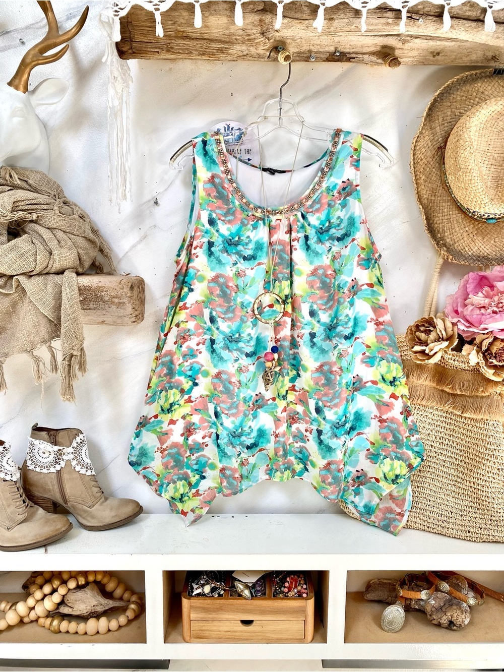 Breezy Bejeweled floral flowy boho blouse w shabby chic resort vacay vibe